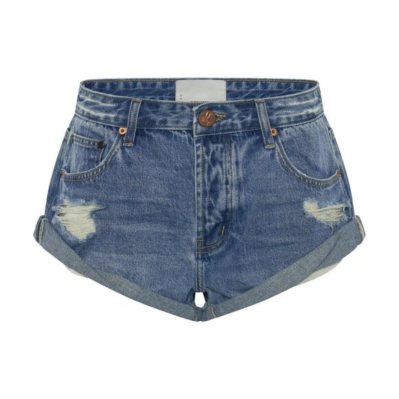 One Teaspoon Bandits Low Waist Cheeky Denim Shorts Pacifica Blue Smile Size 23 - Picture 2 of 12